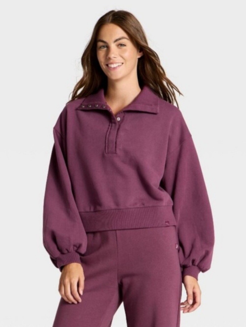 Women's Henley French Terry Sweatshirt - JoyLab Plum Purple